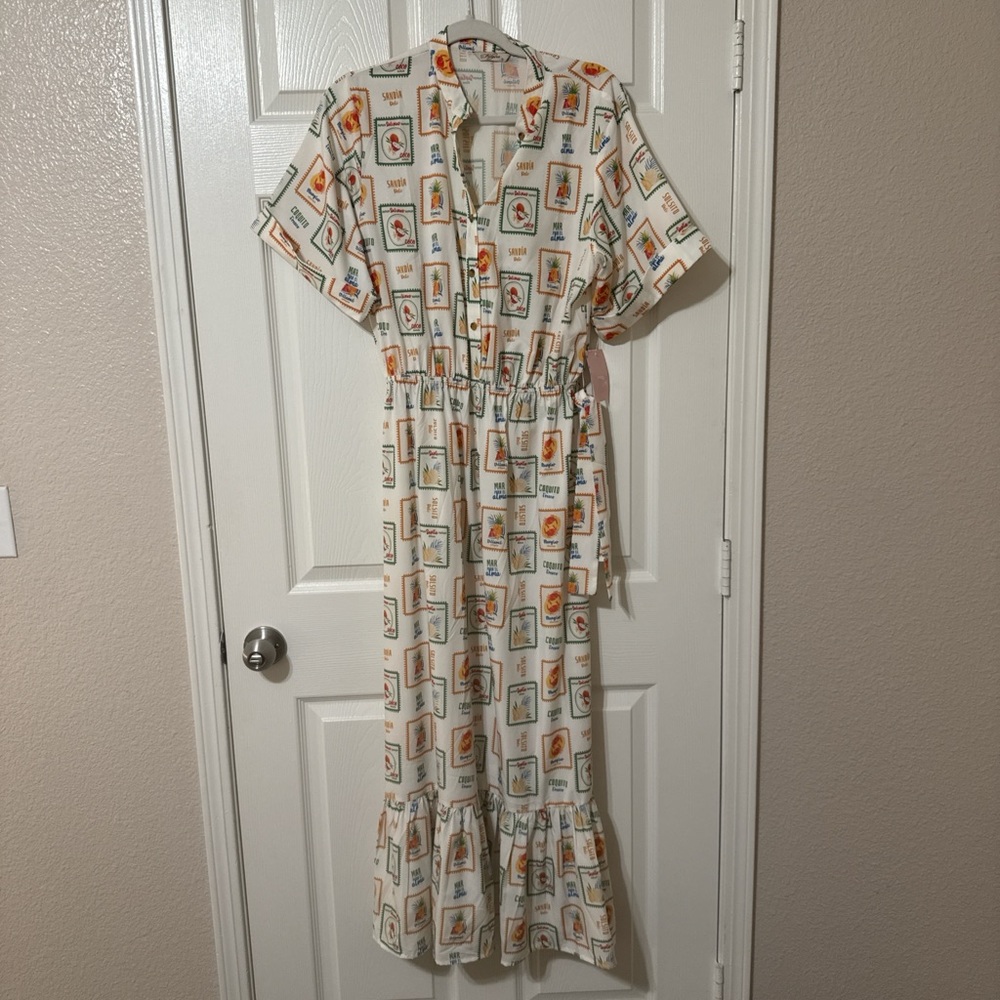 Cream and Orange Casual Polo Collar Maxi Sundress